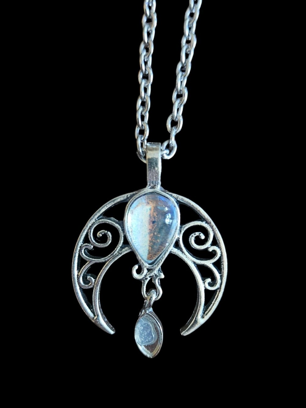 Silver Crescent Necklace with Iridescent White Teardrops